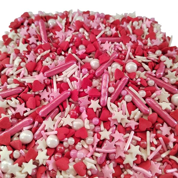 Edible Cake Cupcake Sprinkles for Baking, Heart, Stars and Sugar Pearl Sprinkle, Valentines Sprinkles Mix for Cookies, Ice Cream, Cake and Cupcake Decorating, 3.35 oz