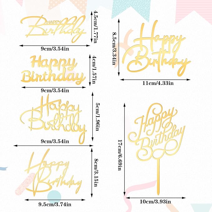 Lusofie 6 PCS Gold Happy Birthday Cake Toppers Mirror Side Cake Toppers | DIY Acrylic Glitter Cake Inserts ，Birthday Party Event Side Cupcake Cake Decorations，Happy Birthday Side Cake Topp