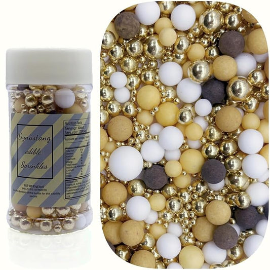Dynastang Mixed Size Brown & Gold & White Pearls Sprinkles Edible Pearls Cake Decorating Pearls Cake Decorations Cupcake Toppers Cookie Decorating Perfect for Cakes, Cupcakes, Desserts Toppings 3OZ