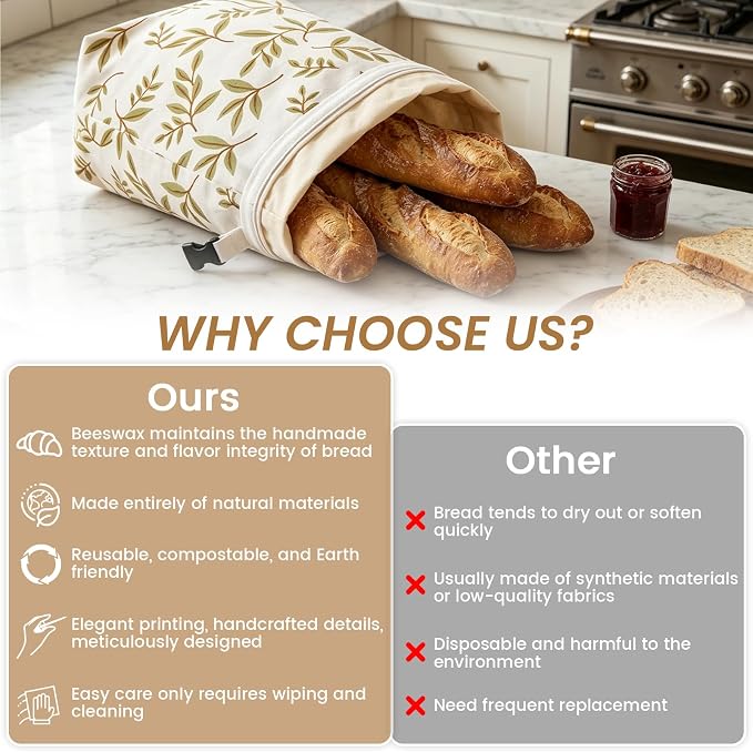 Reusable Beeswax Bread Bags for Sourdough, XL Eco-Friendly Fresh Food Storage with Zipper(13x17in, 2 Pack) | Keep Loaves Fresh Longer, Freezer Safe & Airtight, Natural, Zero Waste