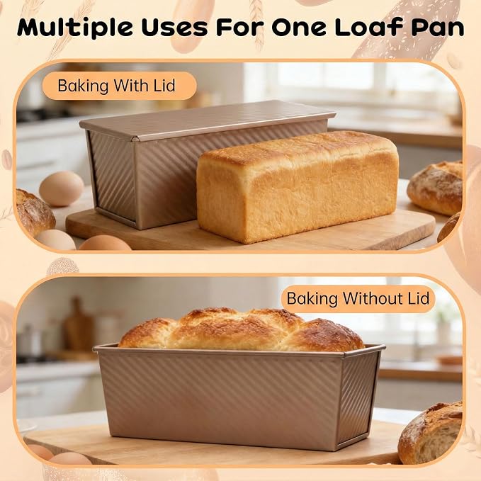 2 Pack Pullman Loaf Pan with Lid - 2.2LB Non-Stick Bread Pan, Carbon Steel Square Toast Mold with Silicone Spatula & Oil Brush, Baking Kit for Homemade Sandwich & Sourdough, Housewarming Gifts