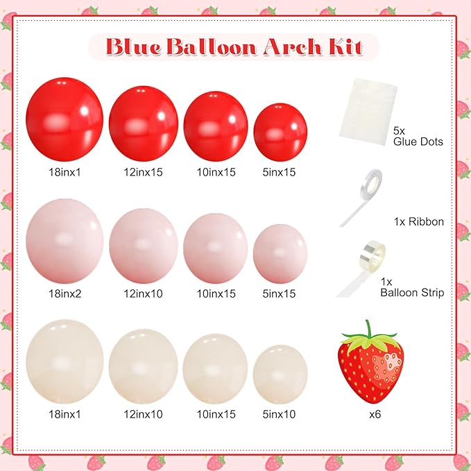 Strawberry Balloons Arch Garland Kit, 124Pcs Red and Pink Balloons with Strawberry Card for Sweet One Berry First Birthday Baby Shower Decorations