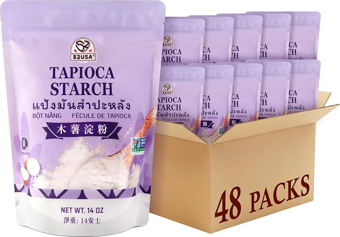52USA Tapioca Starch, 14oz*48, Tapioca Flour (397g*48 Packs), Gluten Free, Kosher, Vegan, No Preservatives, All Natural, Thickener for Soups, Gravies, Baking and Cooking, 1 Box