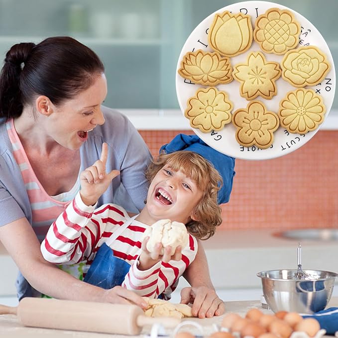 Flower Cookie Cutters Set with Cookie Stamp 8 Variety Shapes Spring Floral Baking Tool for Homemaking Cookie (Flowers)