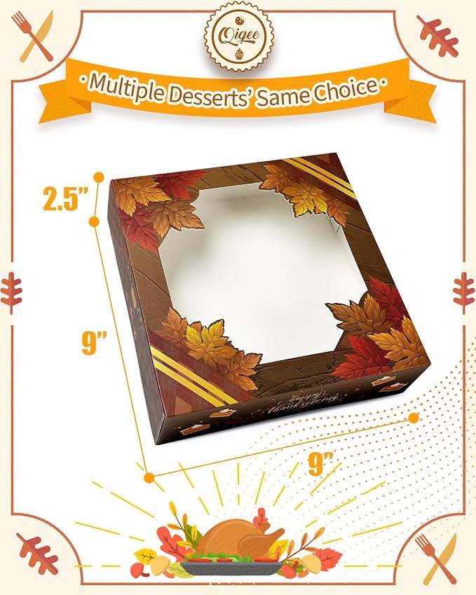 qiqee Thanksgiving Cookie Boxes with Window 12packs 9x9x2.5 Inch Bakery Box Pastry Box for Thanksgiving Day