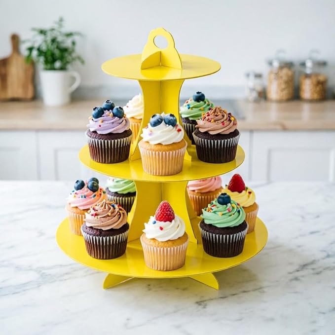 YLDW Cupcake Stand, 3-Tier Cupcake Stand Display, Cardboard Cup Cake Tower Stand, Disposable Dessert Stand for Birthday Tea Party Baby Shower Treat Decorations, Yellow