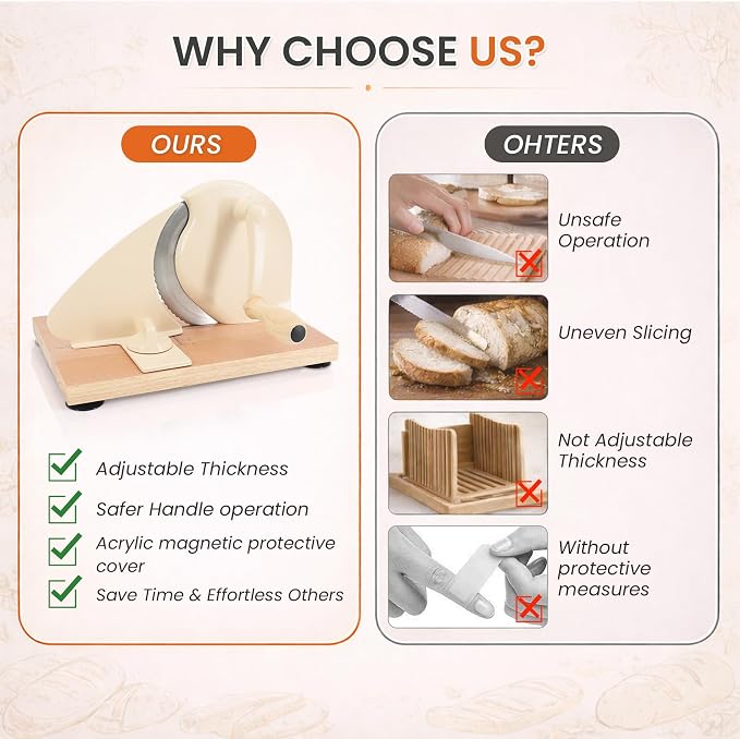 Manual Bread Slicer for Homemade Sourdough Bread, Adjustable Thickness Hand Crank Bread Cutter with Scale Lines, Suction Cup Base, Metal Guide & Sharp Stainless Steel Blade (Cream)