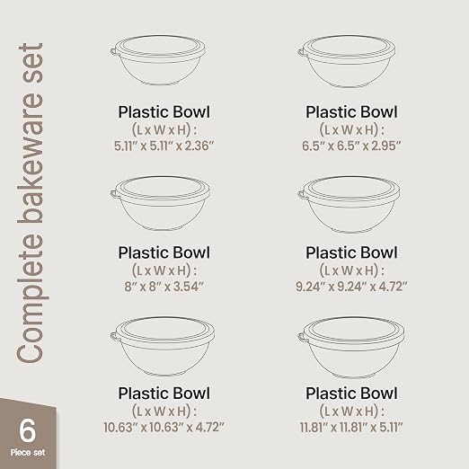 Bakken Master 12 Piece Plastic Nesting Bowls with Lids - Mixing Bowls Set includes 6 Prep Bowls and 6 Lids, BPA-Free, Reusable Meal Prep Containers, Microwave, Freezer & Dishwasher Safe, Brown