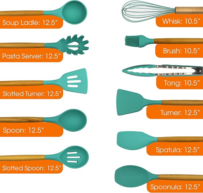 Cheer Collection 12 Piece Silicone Spatula Set with Wooden Handles - Non-Stick Silicone Utensils for Cooking, Aqua