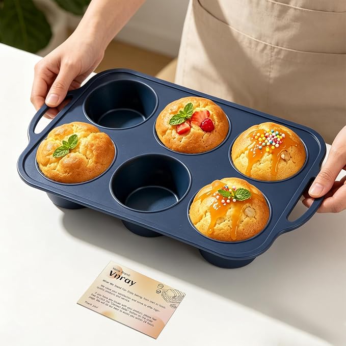 Jumbo Silicone Muffin Pan with Metal Frame, Non Stick Silicone Cupcake Pan with Handles 6 Cup, BPA Free Silicon Muffin Tin Tray Extra Large for baking, egg bites, Cupcake Mold Grey