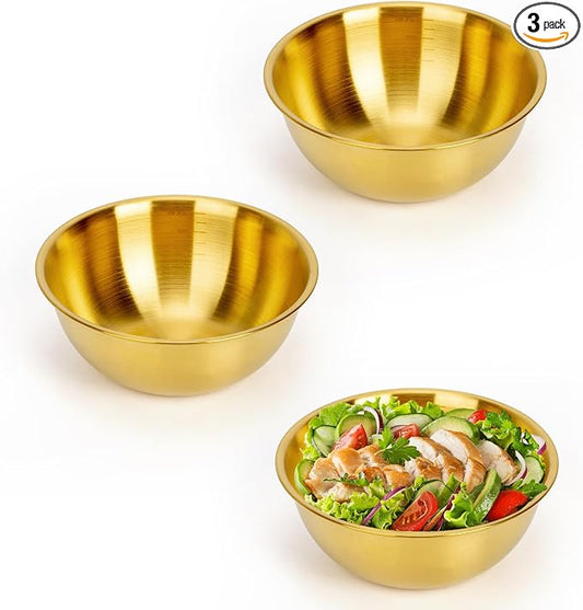 3-Piece Stainless Steel Golden Mixing Bowls (6.3") Metal Bowl with Measurement Marks, Dishwasher Safe & Stackable - Perfect for Baking, Salad Making, Meal Prep