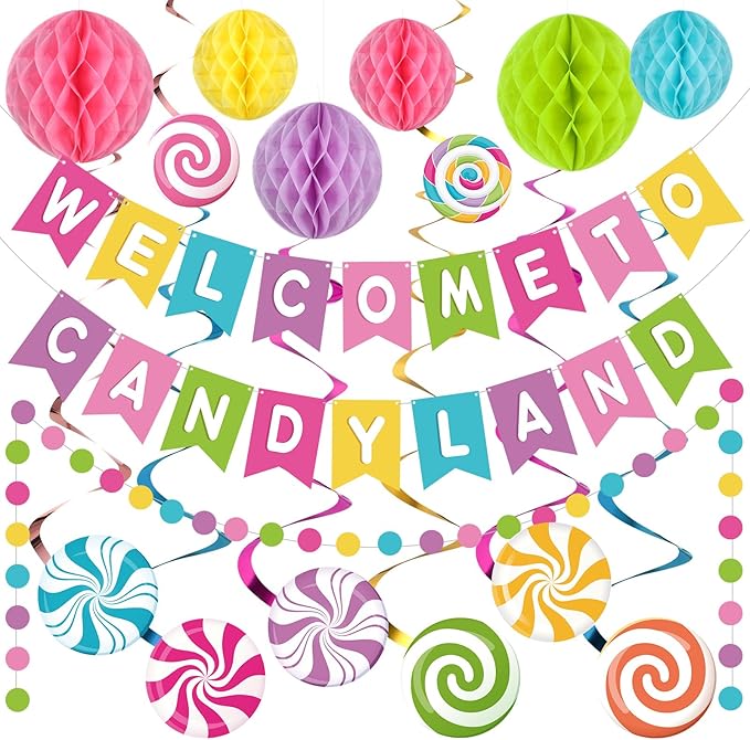 Pasimy Candy Land Party Decoration Welcome to Candy Land Banner with Colorful Honeycomb Balls Candyland Decor Garland Hanging Swirls Set Lollipop Paper Cutouts Dot for Birthday Party Supplies