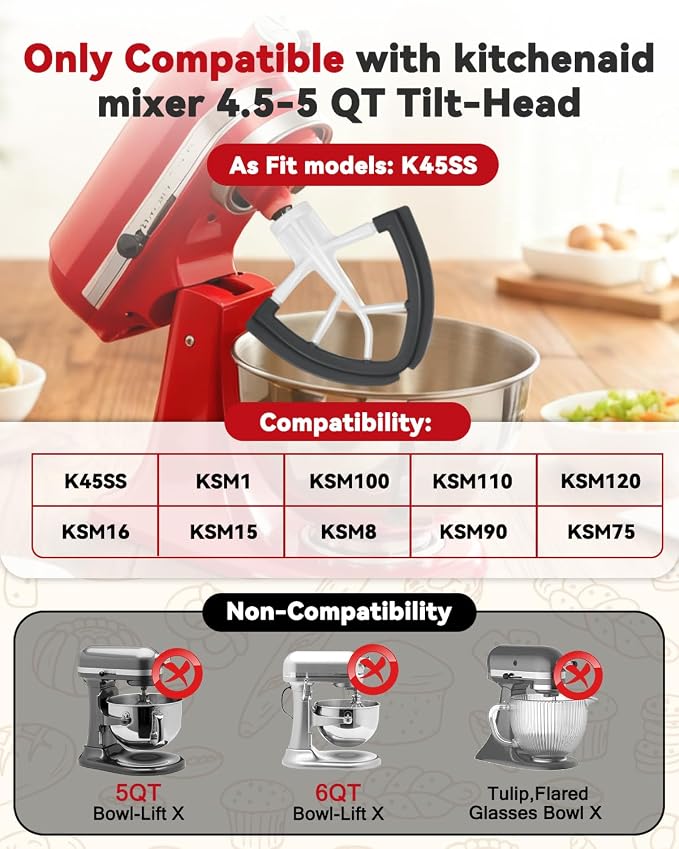 Flex Edge Beater Paddle for KitchenAid 4.5-5QT Tilt-Head Stand Mixer Silicone Bowl Scraper Replacement Part,Dishwasher Safe for Kitchen Aid Accessories And Attachments Mixers Accessory,Black