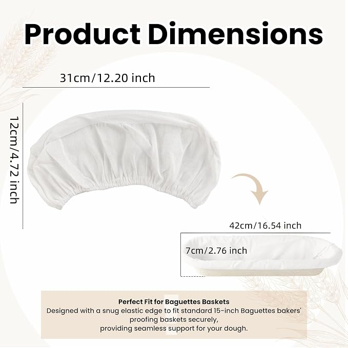 6 Pack Elastic Bread Proofing Basket Covers - Premium Linen & Cotton Liners for 15 inch Baguettes Sourdough Banneton, Non-Stick, Breathable Fermentation Cloth for Sourdough & Artisan Baking