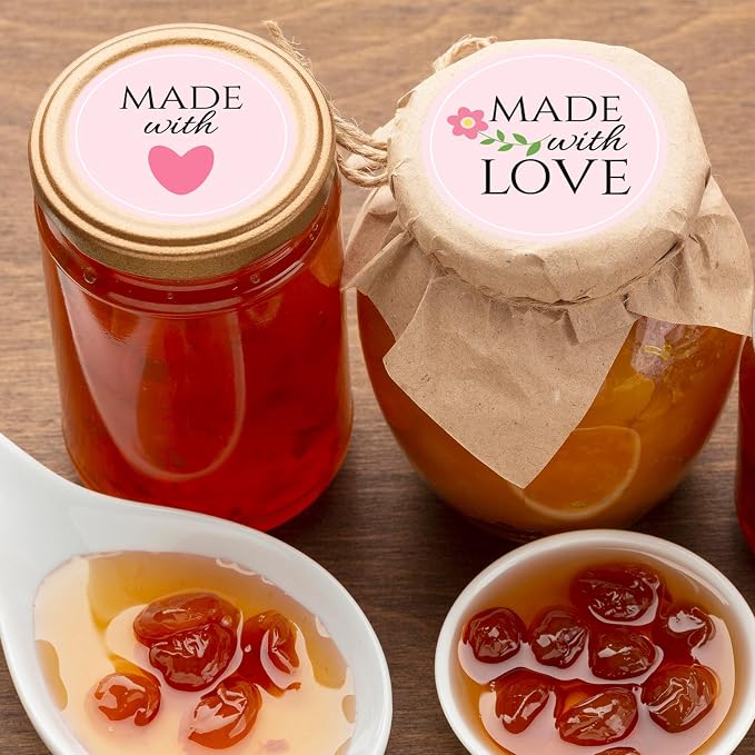 300pcs 1.75" Made with Love Round Gift Labels - Heart, Floral & Green Leaf Design, Eco-Friendly Glossy Stickers for Homemade Handmade DIY Gifts, Treats, Crafts, Beauty, Gift Decoration