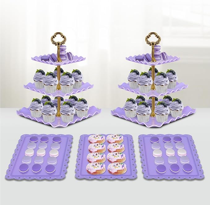 NWK 5 Piece Cake Stand Set with 2 x Large 3-Tier Cupcake Stands, 3 x Appetizer Trays, Perfect for Hosting Wedding Birthday Baby Bridal Shower Tea Party Decorations (Purple)