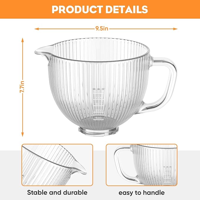 Cofun Glass Mixer Bowl for Kitchenaid Tilt-Head Stand Mixers 4.5-5 Quart, 5 qt Mixing Bowl Replacement for Kitchen aid with Measurement Markings,Handle