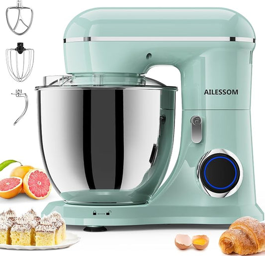 SAMSAIMO 3-IN-1 Electric Stand Mixer, 10-Speed With Pulse Button, Attachments include 6.5QT Bowl, Dough Hook, Beater, Whisk for Most Home Cooks, Agave Green