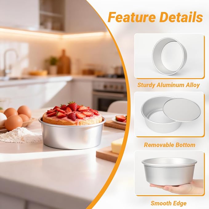 Beasea 8 Inch Cake Pans Set, 3 Pack Aluminum Alloy Round Layer Cake Pan with Removable Bottom for Cheesecake Mold Tin Oven Baking