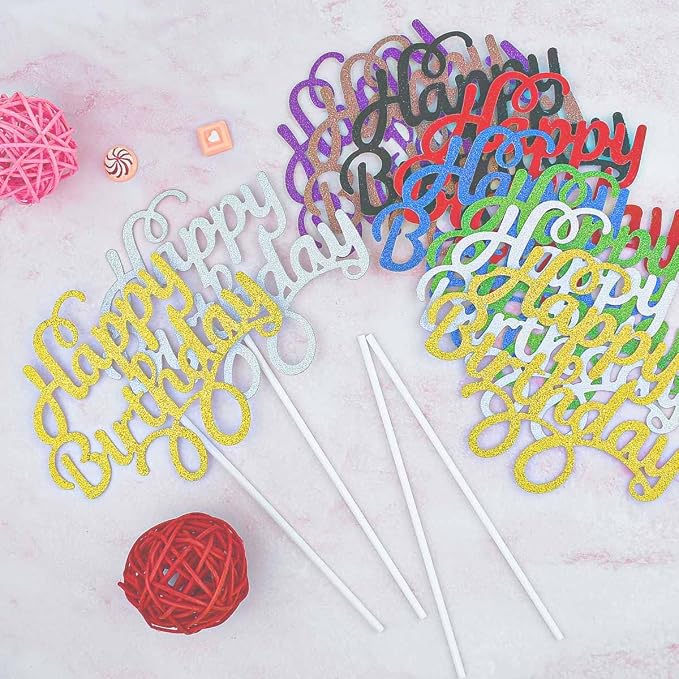 40 Pieces Happy Birthday Cake Toppers - Glitter Picks for Dessert Decorations - Party Supplies in 8 Colors