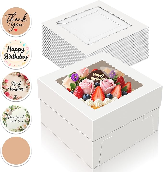 Essenya 15 PCS Cake Boxes 8 Inch, 8x8x5 Inch Cake Box, 8 Inch Cake Box with Window, White Bakery Boxes, Large Baking Boxes, Cajas Para Pasteles, 8x8 Cake Boxes for Birthday, Wedding, Party, Business
