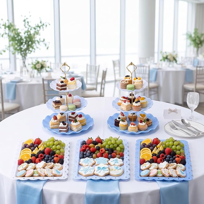 FoldTier 6 Pack Cupcake Stand Set 3 Pcs 3 Tier Gradient Dessert Table Display Stands Cookie Tray Rack 3 X14 in Rectangle Party Trays for Wedding Birthday Tea Party Baby Shower(Blue,Round)