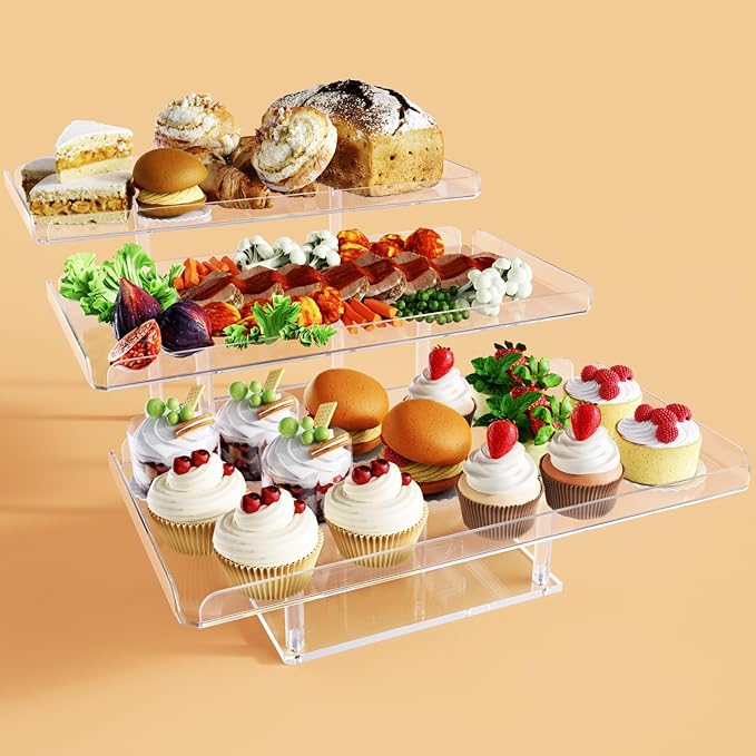 Bakzon 3 Tier Serving Tray for Entertaining, Acrylic Dessert Table Display Set for Party Supplies, Serving Platters and Trays for Food, Cupcake Buffet Dessert Risers Stands for Weddings Baby Shower