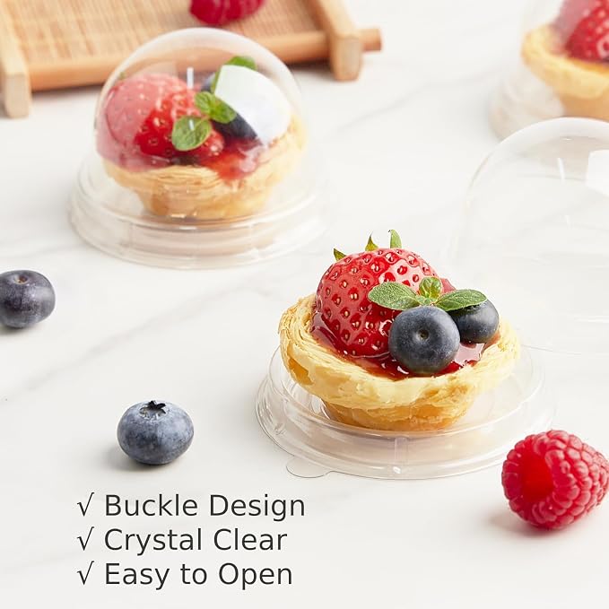 Zezzxu 50 Pack Mini Cake Containers, Clear Plastic Small Cupcake Boxes with Dome Lids for Individual Chocolate Covered Cookies, Strawberry, Mooncake (Clear)