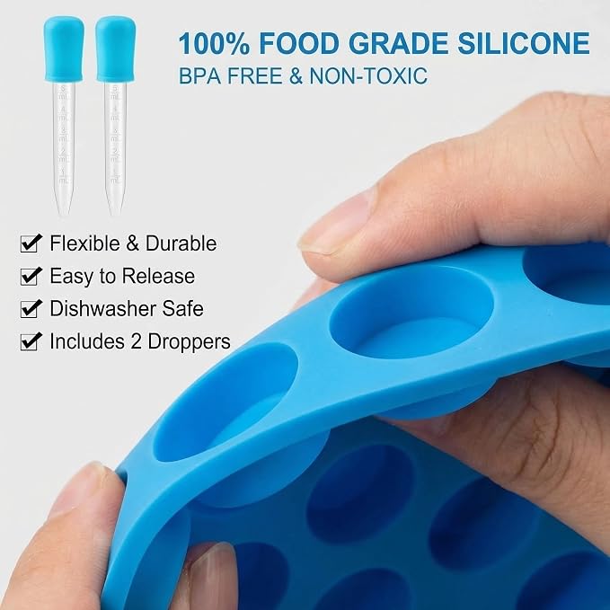 Round Silicone Candy Molds - 220 Cavity Mold Set with Droppers, 2-Pack Circle Molds for Gummies, Chocolate, Hard Candy, Caramels, Ice Cubes, BPA Free Non-Stick Baking Molds