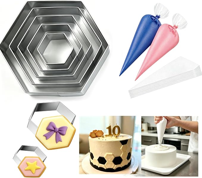 5pcs Hexagon Cookie Cutter Set, with 50pcs Thick Piping Bags Stainless Steel Soccer Ball Cookie Cutter Football Cake Decorations | Geometric Biscuit Sandwiches Fruit Cutter for Birthday Cake Cupcake