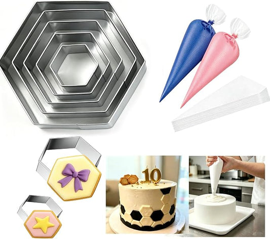 5pcs Hexagon Cookie Cutter Set, with 50pcs Thick Piping Bags Stainless Steel Soccer Ball Cookie Cutter Football Cake Decorations | Geometric Biscuit Sandwiches Fruit Cutter for Birthday Cake Cupcake