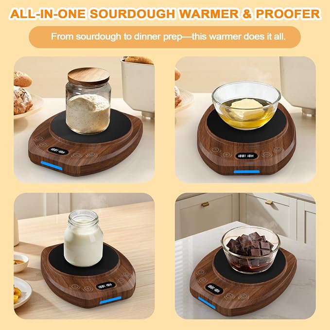 Sourdough Starter Warmer Mat,65-110°F 1°F Precision, 24H Timer & Memory, Electric Heating Mat for 24-40oz Jars, Home Baking（Wood grain）