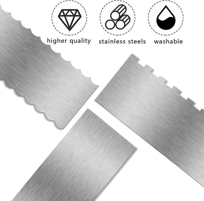 3 Piece 9 Inch Stainless Steel Cake Scraper, Cream Cake Scraper Sided Patterned Edge Stripe Edge Smoother Scraper Cake Smoother Frosting Scraper Cake Decorating Comb for Mousse Butter Cream