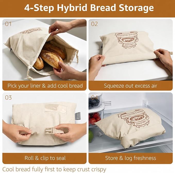 Bread Bags for Homemade Bread & Sourdough - 2 Pack Reusable Beeswax Bread Bags, 100% Cotton with Detachable Liner & TPU Freezer Bag, 17x13in, Freezer Safe & Washable