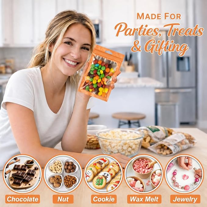 ANZNKU 100 Pack Orange Resealable Mylar Bags with Frosted Clear Window 4.72x7.87", Smell Proof Sealable Packaging Bags for Small Business, Foil Pouch Zip Goodie Bag for Candy Treat Jewelry
