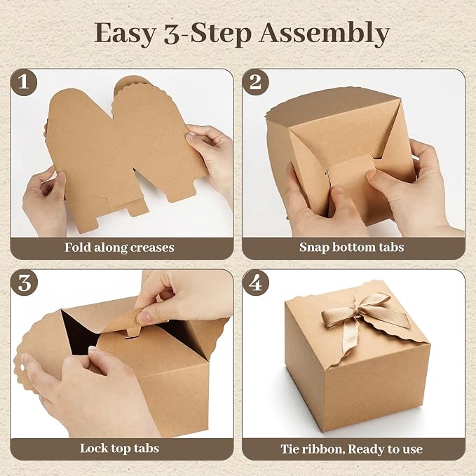 VGOODALL 10PCS Gift Boxes, 4.7" x 4.7" x 3.5" Brown Candy Boxes with Ribbon Mini Kraft Paper Party Favors for Candy Cookie Chocolate Gifts,Party Supplies