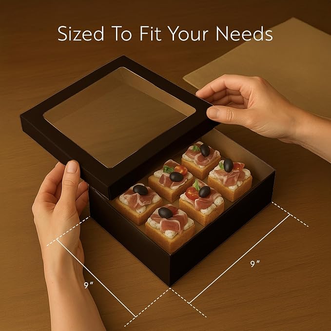 Restaurantware Cater Tek 9 x 9 x 2.4 Inch Baked Goods Boxes 100 Greaseproof Pastry Boxes - Window Lids Insert Tab Lock Black Paper Catering Boxes Easy Assembly For Charcuterie Or Cupcakes