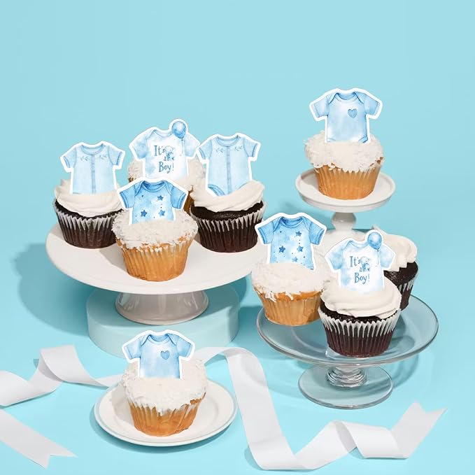 60 PCS Edible Blue Bodysuit Cupcake Toppers Jumsuits Gingham Theme Cupcake Picks Edible It's a Boy Baby Shower Decorations for Boys Birthday Baby Shower Gender Reveal Party Cake Decorations Supplies