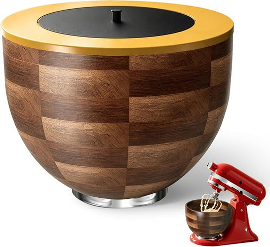 Airpro Solid Wood Mixing Bowl for 4.5-5Qt Tilt-Head Stand Mixers – Natural True Acacia/Walnut with Lid Cover & Stainless Steel Locking Base, 5 Quart for KitchenAid