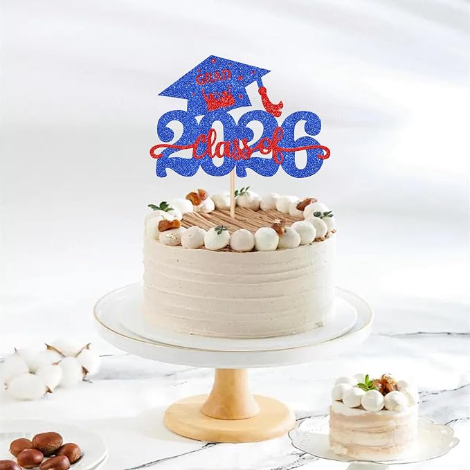 1 Pack Class of 2026 Cake Topper Glitter Congrats Grad Cap 2026 Graduation Cake Pick Decoration for 2026 Graduation Theme High School Graduate Party Cake Decorations Supplies Blue Red