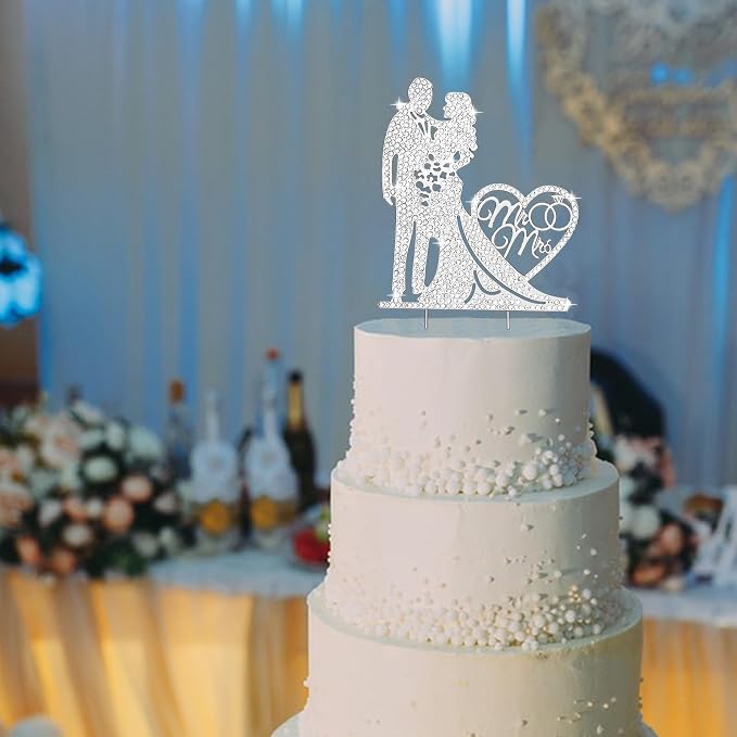 Jaciya Wedding Cake Topper Rhinestone Mr and Mrs Cake Topper Bride and Groom Bridal Shower Party Metal Silver Wedding Decorations Supplies