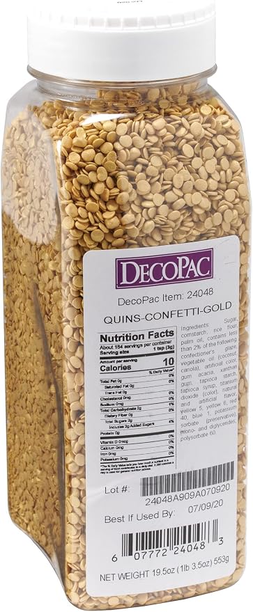 DECOPAC Quins Fancy Sprinkles, 19.5oz, Candy Sprinkles in Handheld Container, Edible Sprinkles For Celebration Cakes, Cupcakes, Cookies - Confetti Gold Quin
