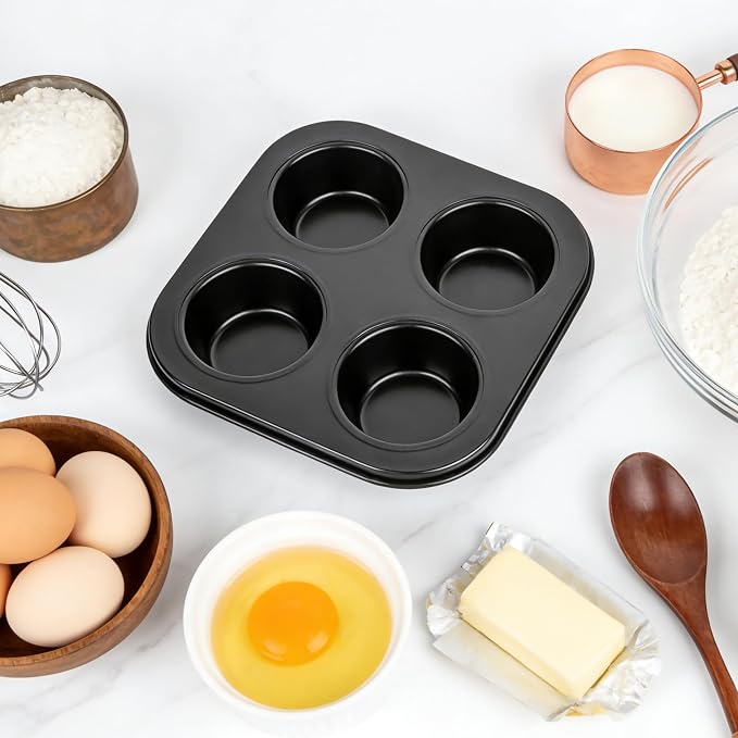 2 Pack 4-Cup Round Muffin Pan, Heavy-Duty Carbon Steel Nonstick Cupcake Baking Pan, 2.56” Standard Size Cups, Compact 7.28” Square Design, Oven & Dishwasher Safe (Black)