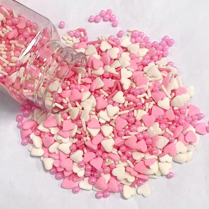 PhilaeEC Vanlentine Sprinkle Edible for Cake Decoration Pink and White Heart Confetti Jimmies Peals Mix Cake Baking Cookie Cupcake Toppers Decoration Vanlentine Wedding Supplies