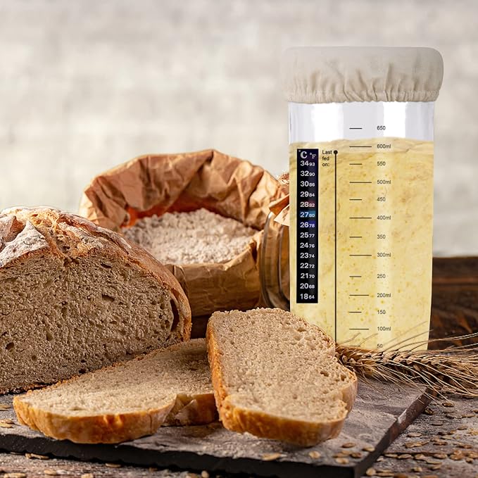 Sourdough Starter Jar Kit,650ml Sourdough Starter Jar with Thermometer Silicone Scraper Cloth Cover and Aluminum Lid Glass Jars Sourdough Bread Baking Supplies