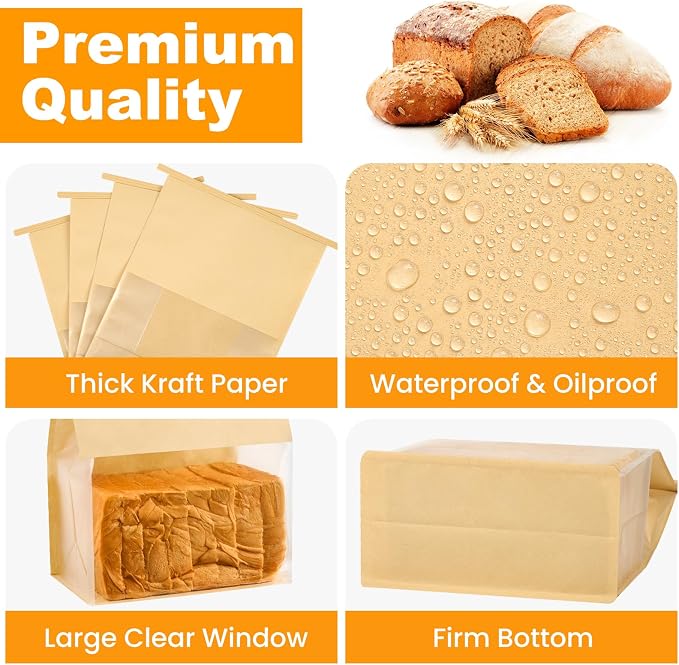 Ocmoiy 50 Pack Bread Bags for Homemade Breads, 8.7x4.3x11 Inches Resealable Tin Tie Tab Lock Large Bakery Packaging Bags with Window for Sourdough Bread, Bagels, Pastry
