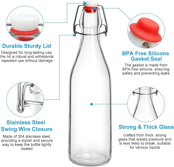 2 Pack Swing Top Glass Bottles 16oz, Flip Top Glass Bottle with Airtight Lid for Fermentation, Kombucha, Mead, Vanilla Extract, Coquito, Vinegar, Beer, Kefir, Wine, Soda, Juice, Oil for Home Brewing