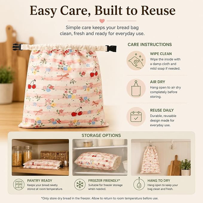 Bread Bags for Homemade, Natural Beeswax Bread Bag 2 Pack XL 13x17 Inch, Reusable Organic Cotton Linen Storage Bags, Beeswax Bread Bags for Sourdough, Keeps Bread Fresh Longer (Cherries)