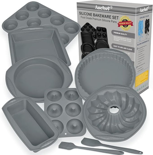 Aschef 9 in 1 Nonstick Silicone Baking Set - Ring Cake Pan, Cookie Sheet, Molds & Tray | Heat Resistant Bakeware Kit for Muffin, Loaf, Bread, Pizza, Cupcake