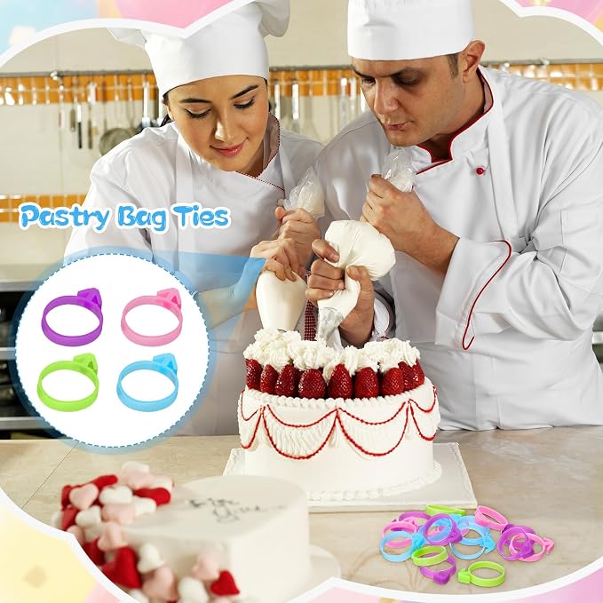 Patelai 120 Pieces Icing Bag Ties Silicone Decoration Piping Bag Ties for Cupcakes Cookies and Pastry (Blue, Green, Purple, Pink)